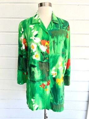 Vintage JAMS WORLD Short Sleeve Button Up Tunic Shirt in Green Floral - S